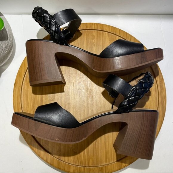 Black Chunky Platform Sandal Square Toe Faux Leather Ankle Strap Heel Size 11 - Picture 6 of 7